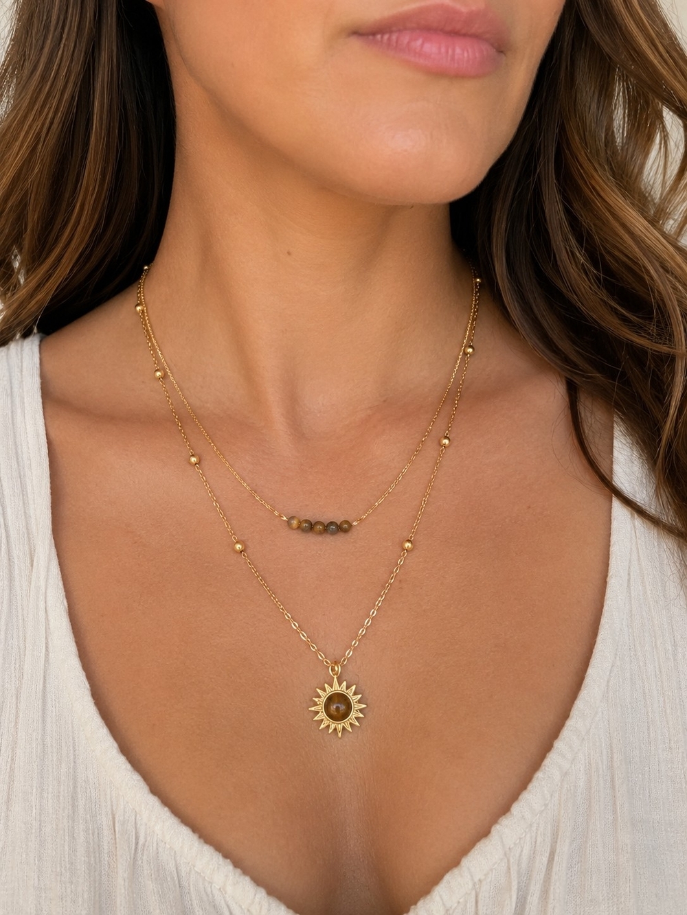 Gold Sun Pendant Layered Bead Accents Gold Toned Metal Necklace New 18"